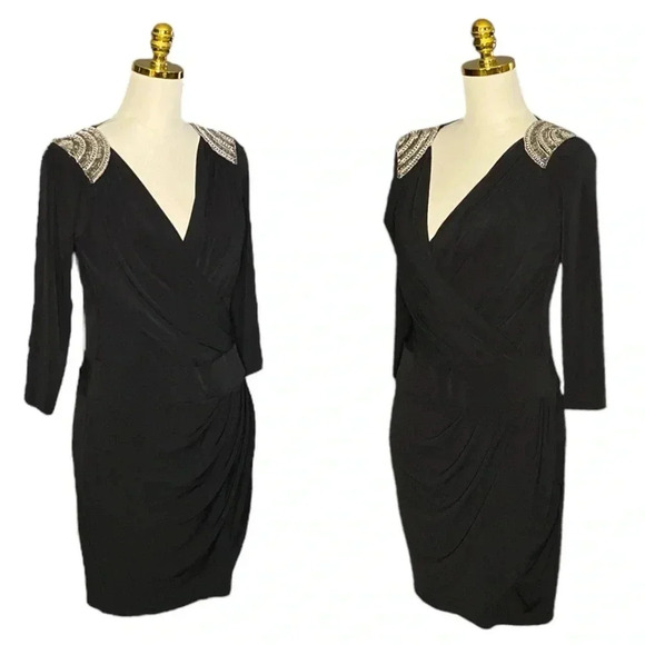 CACHE | Black Faux Wrap Shoulder Embedded Ruched Cocktail Mini Dress Size S - Picture 4 of 10